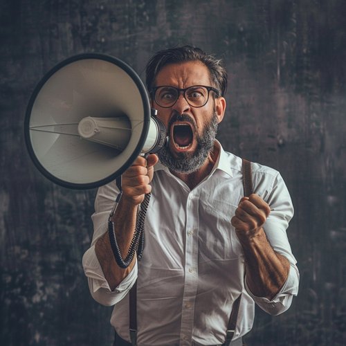 A man is shouting loudly into a Megaphone